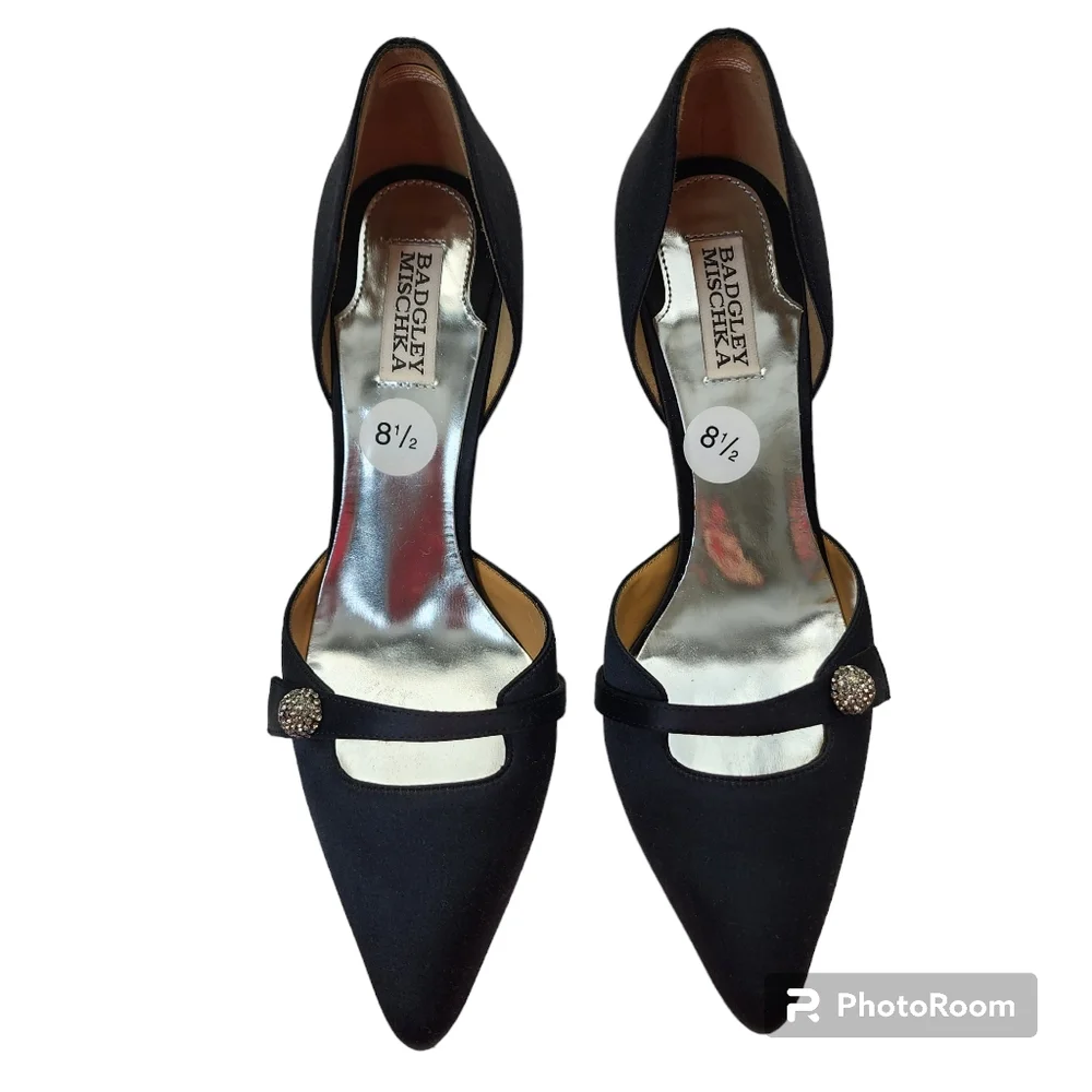 Bagley Mischka Bryon heels dress black fabric crystal decor leather sz 8.5 🎉HP - Picture 16 of 16